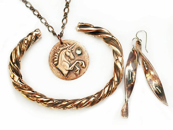 Copper Twist Cuff Bracelet, Copper Silver Twist Earrings, Copper Disc with Unicorn  Necklace, at Rubini Jewelers