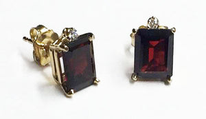 Emerald Cut Garnet & Diamond in 14kt Yellow Gold Basket Setting Post Earrings at Rubini Jewelers