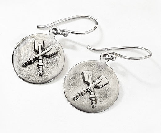 Sterling Silver Crossed Oars on Brushed Disc Wire Earrings by Rubini Jewelers