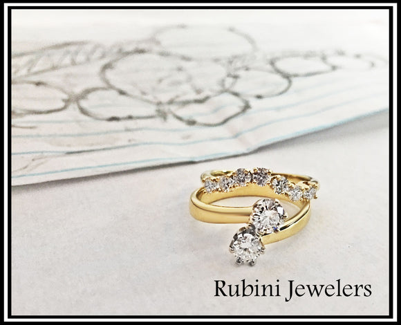 Custom Bypass 2 Stone Diamond Engagement Ring and Contour Diamond Wedding Band, by Rubini Jewelers
