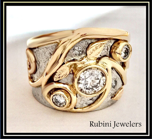 Custom Made Swirls and Leaves White and Yellow Gold Diamond Engagement Ring by Rubini Jewelers