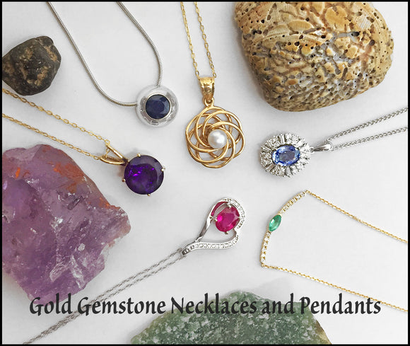 Amethyst gold necklace $220, Sapphire white gold necklace $592, yellow gold pearl knot necklace $397,  white gold sapphire diamond necklace $2154, yellow gold diamond emerald necklace $767, white gold diamond ruby necklace $497, at Rubini Jewelers