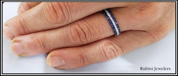 Diamond and Double Row Sapphires White Gold Band from Rubini Jewelers
