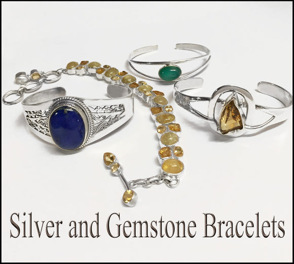 Silver and Gemstone Bracelets at Rubini Jewelers: Silver Bali Style Cuff with Lapis Lazuli, Sterling Silver Citrine and Rutilated Quartz Link Bracelet, Sterling Silver Green Quartz Cuff Bracelet, Sterling Silver Organic Cuff Bracelet with Citrine