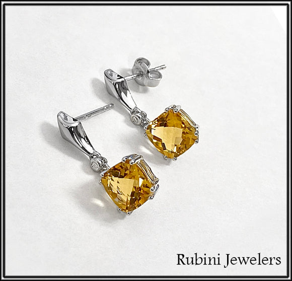 14Kt Gold Citrine Post Dangle Earrings with Diamonds at Rubini Jewelers