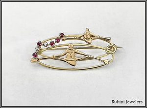 Gold Single Scullers with Diamonds and Rubies Rowing Brooch by Rubini Jewelers