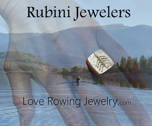 Rubini Jewelers Love Rowing Jewelry page, featuring Lauren Rubini rowing, and sterling silver eight rowing boat ring