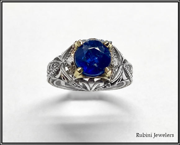 Sapphire Antique Replica Rings Sterling Silver And 14Kt Gold Faux