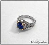 Sterling Silver and 14Kt Gold Faux Sapphire with Diamonds Antique Reproduction Ring by Rubini Jewelers