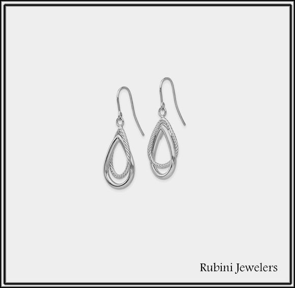 14Kt White Gold Textured and Polished Open Drop Shape Dangle Earrings