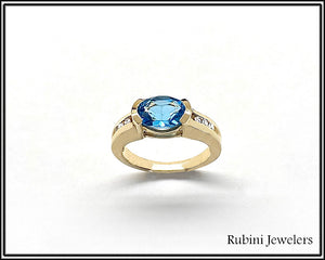 14Kt Yellow Gold Modern Blue Topaz Ring with Diamonds