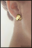 14Kt Yellow Gold Ribbed and Brushed Design Post Earrings with Diamonds at Rubini Jewelers