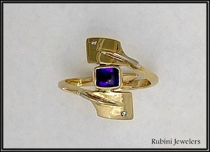 14kt Gold Amethyst and Diamonds Bypass Oars Rowing Ring by Rubini Jewelers