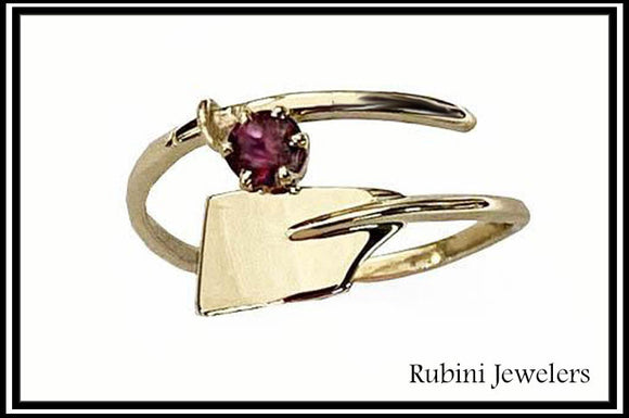 14Kt Gold Small Oar Wrap with Rhodalite Garnet Rowing Ring by Rubini Jewelers
