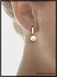 14Kt Gold Curved Bar with Drop Pearl Dangle Post Earrings at Rubini Jewelers