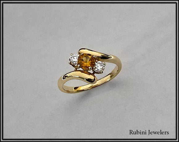 14Kt Gold Bypass Citrine Ring with Two Diamonds