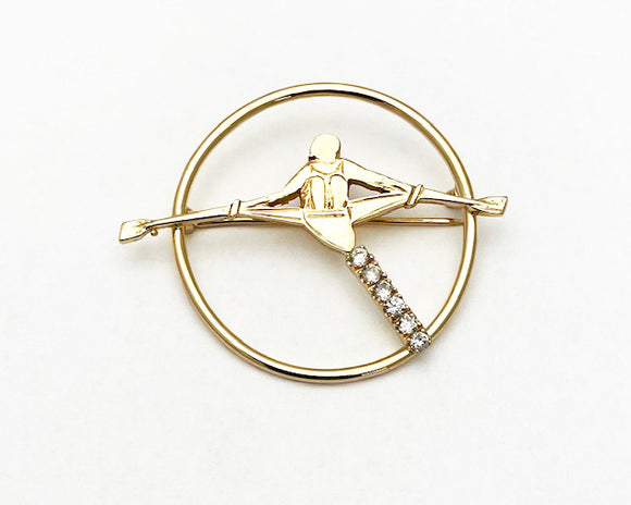 14Kt Gold Rowing Single Scull in open Circle Brooch with CZs by Rubini Jewelers