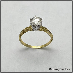 18Kt Yellow Gold and Platinum Antique Solitaire Engagement Ring at Rubini Jewelers