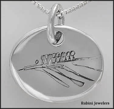 Abstract Eight Boat (8+) Design #2 Laser Engraved on Sterling Silver Oval Pendant, by Rubini Jewelers