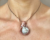 Ancient Drusy Quartz Shell Handmade Copper Pendant by Rubini Jewelers, shown on neck