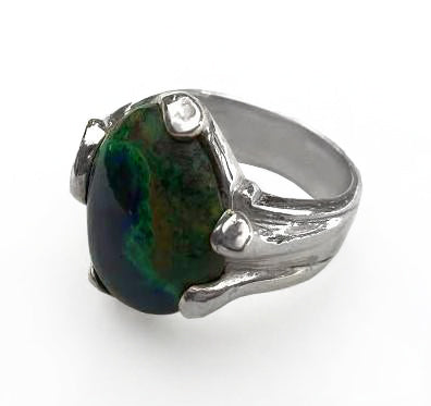 Blue & Green Azurite Cabochon in Sterling Silver Ring by Rubini Jewelers