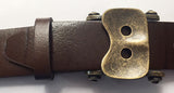 Antique brass plated rowing seat belt buckle by Rubini Jewelers, shown on brown top grain leather belt