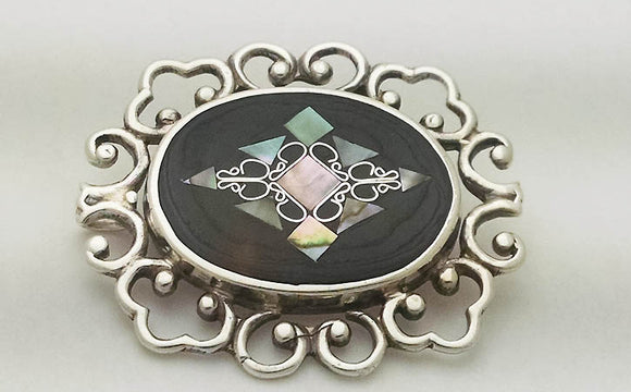 Vintage Mexican Sterling Silver Abalone Filigree Brooch at Rubini Jewelers