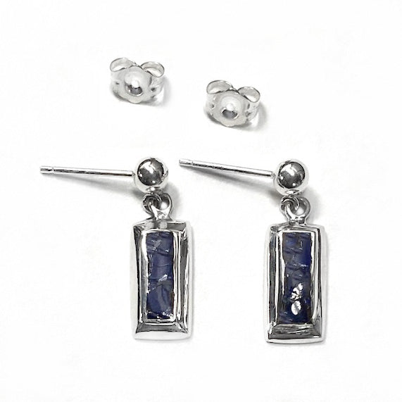 Lapis Lazuli Inlaid Silver Rectangles on Ball Dangle Earrings by Rubini Jewelers