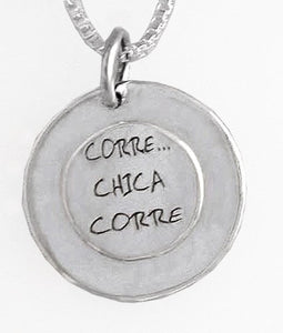 Disc on Disc with "Corre Chica Corre" Running Pendant by Rubini Jewelers