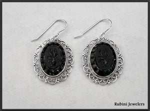 Floral Design Intaglio Obsidian Earrings at Rubini Jewelers