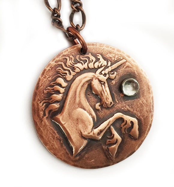 Copper Unicorn Disc with Stone on Long Chain Necklace at Rubini Jewelers
