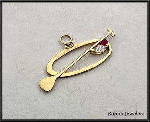 14Kt SUP, Paddle Board Outline Pendant with Marquise Diamond and Ruby by Rubini Jewelers