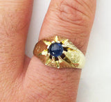 14Kt Gold Hand Engraved Ring with Cabochon Sapphire at Rubini Jewelers