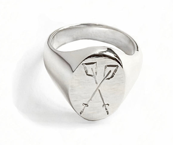 Crossed Oars Hand Engraved Oval Rowing Signet Ring by Rubini Jewelers