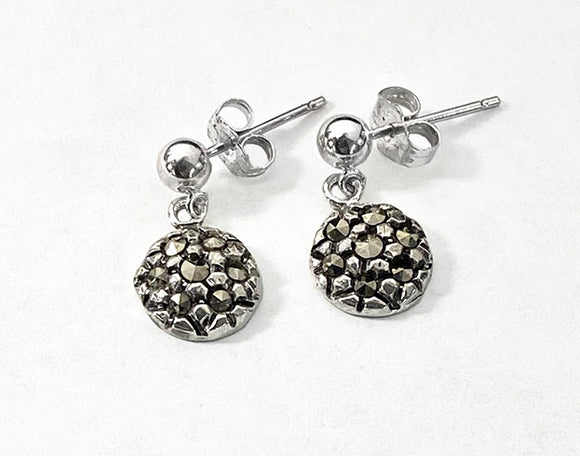 Silver Round Dangle with Marcasites Ball Post Earrings by Rubini Jewelers