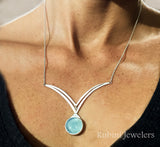 Silver Gold Chalcedony and Diamond Double V Necklace, on of a kind jewelry by Rubini Jewelers