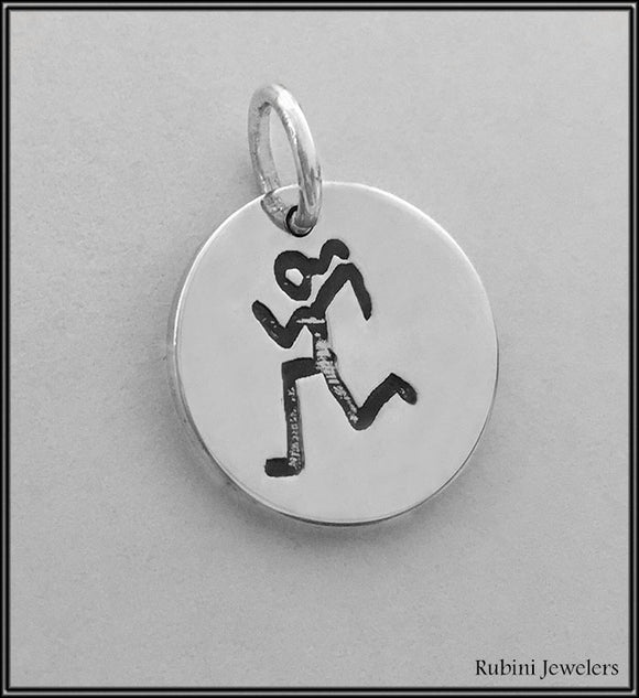 Silver Disc Charm/Pendant Engraved with Runner Design by Rubini Jewelers