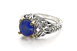 Sterling Silver and 14Kt Gold Faux Sapphire with Diamonds Antique Reproduction Ring by Rubini Jewelers