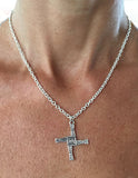 St. Bridget's Silver Cross by Rubini Jewelers, shown on 2.8mm cable chain on woman's neck