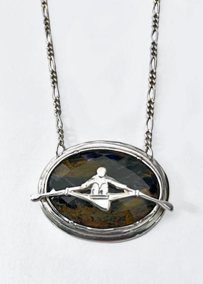 Rowing Single Sculler on Oval Faceted Pietersite Necklace by Rubini Jewelers