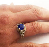 Sterling Silver and 14Kt Gold Faux Sapphire with Diamonds Antique Reproduction Ring Shown on Hand, by Rubini Jewelers