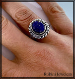 Sterling Silver Lapis Cabochon in Twist Wire Bezel Ring at Rubini Jewelers