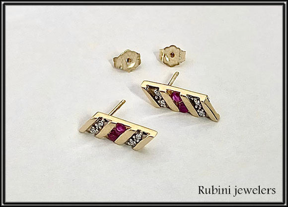 14Kt Gold Bar with Rubies and Diamonds Post Earrings at Rubini Jewelers