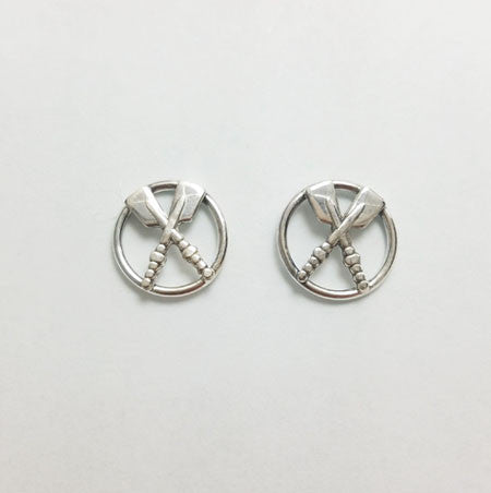 Open Circle with Crossed Oars Post Earrings Sterling Silver