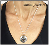 Sterling Silver Chain Patriotic Cluster Necklace, shown on woman's neck, by Rubini Jewelers