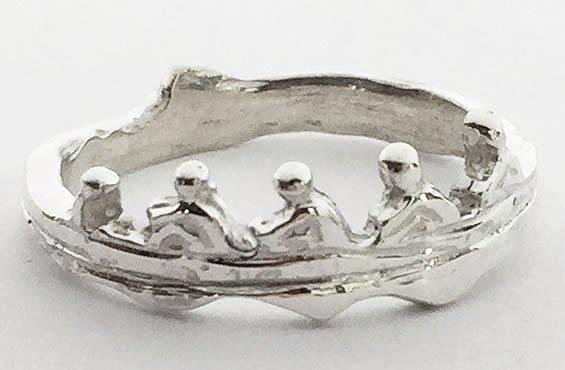 Four person rowing boat ring with coxswain in sterling silver by Rubini Jewelers